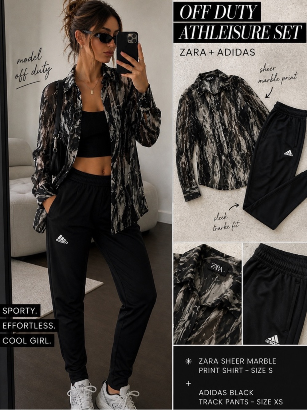 ZARA Marble Sheer Shirt + Adidas Track Pants Set Model Off Duty Athleisure Look